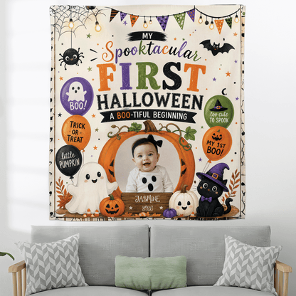 Personalized Baby First Halloween Custom Photo Pumpkin Ghost Tapestry Wall Hanging Name Year Keepsake Backdrop