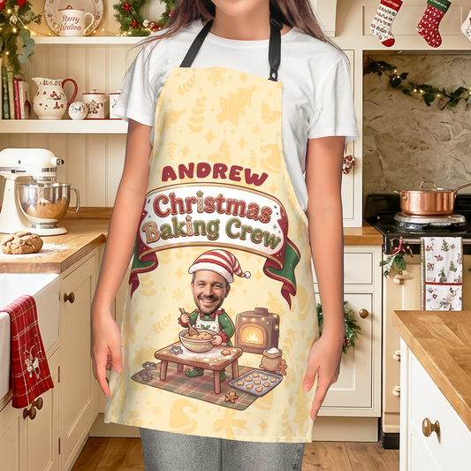 Woman wearing a yellow Christmas Baking Crew apron with custom photo face elf baker and custom name