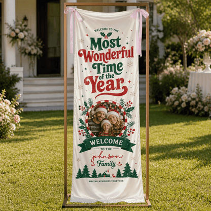Custom Photo Most Wonderful Time of the Year Fabric Welcome Banner, Personalized Family Name Holiday Entrance Hanging Sign with Ribbon Ties, Red & Green Christmas Decor