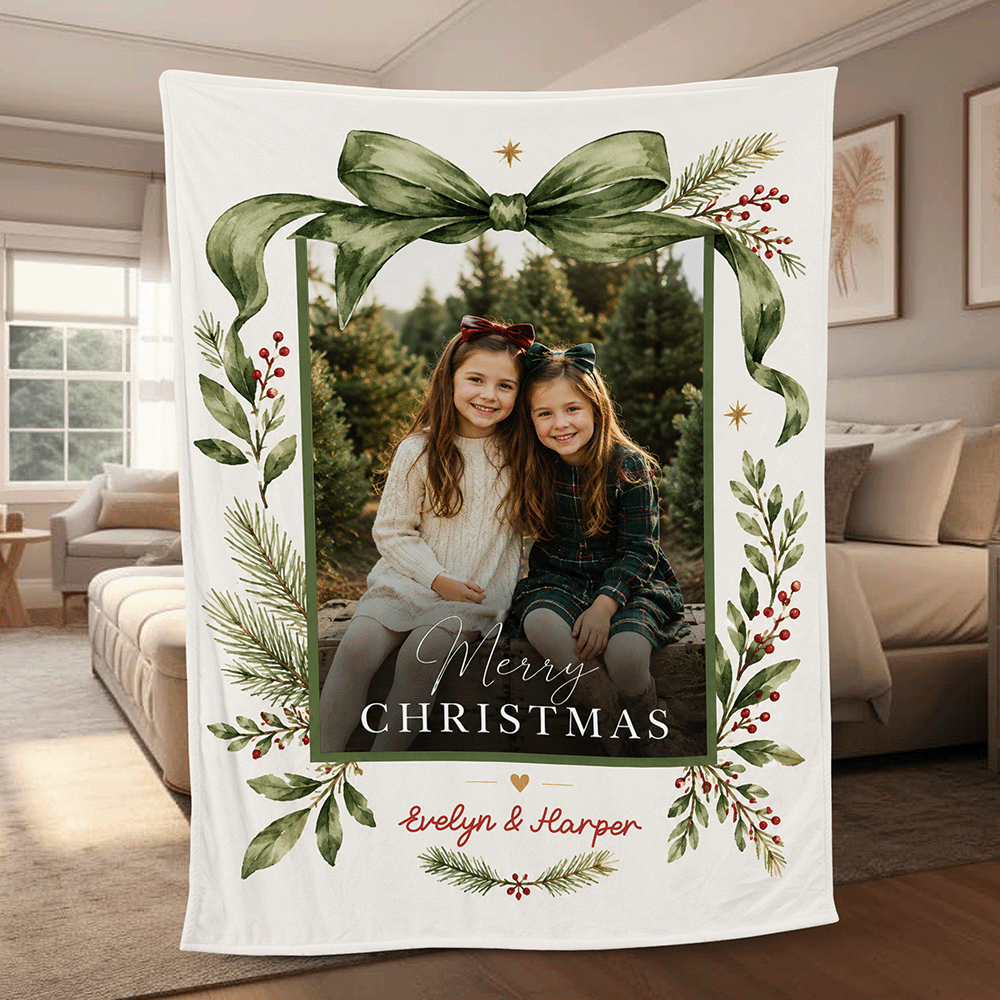 Personalized Photo Green Ribbon Christmas Blanket, Custom Name Olive Green Ribbon Holiday Fleece Blanket for Kids Family, Cozy Xmas Picture Throw Keepsake Gift