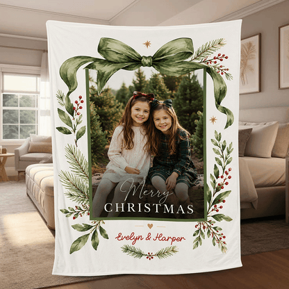 Personalized Photo Green Ribbon Christmas Blanket, Custom Name Olive Green Ribbon Holiday Fleece Blanket for Kids Family, Cozy Xmas Picture Throw Keepsake Gift