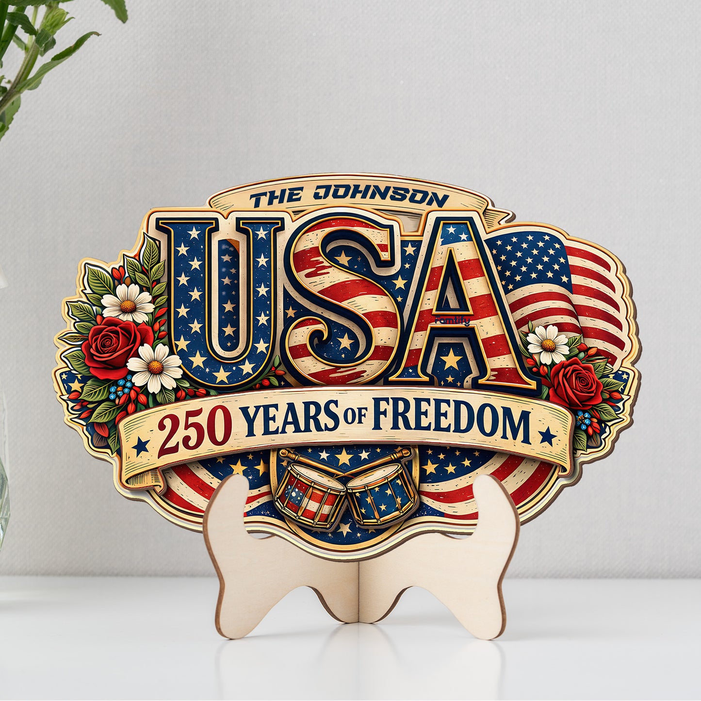 Personalized USA 250 Years of Freedom 2-Layer Wood Sign – Patriotic Floral Letter Door Decor