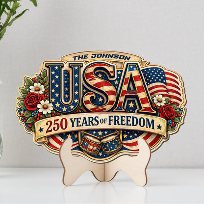 Personalized USA 250 Years of Freedom 2-Layer Wood Sign – Patriotic Floral Letter Door Decor