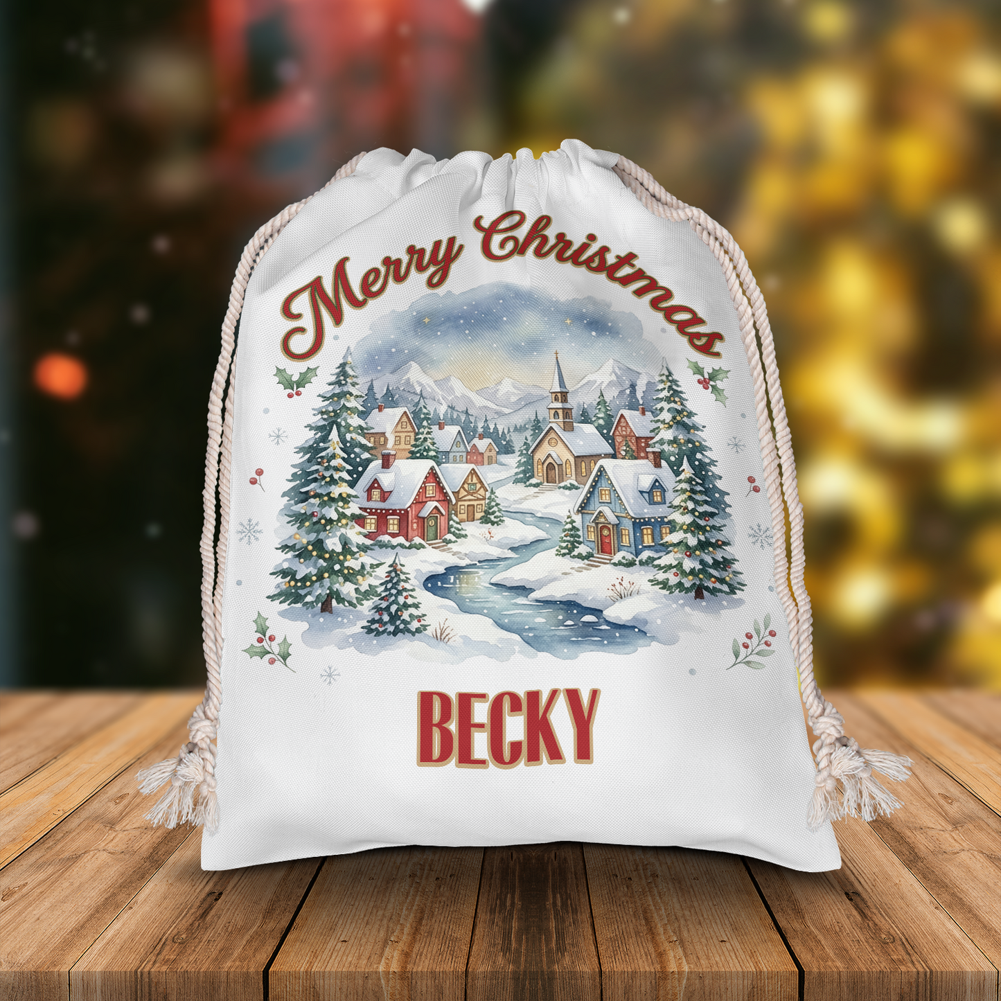Personalized Merry Christmas Village Christmas Sack, Custom Name Santa Gift Bag