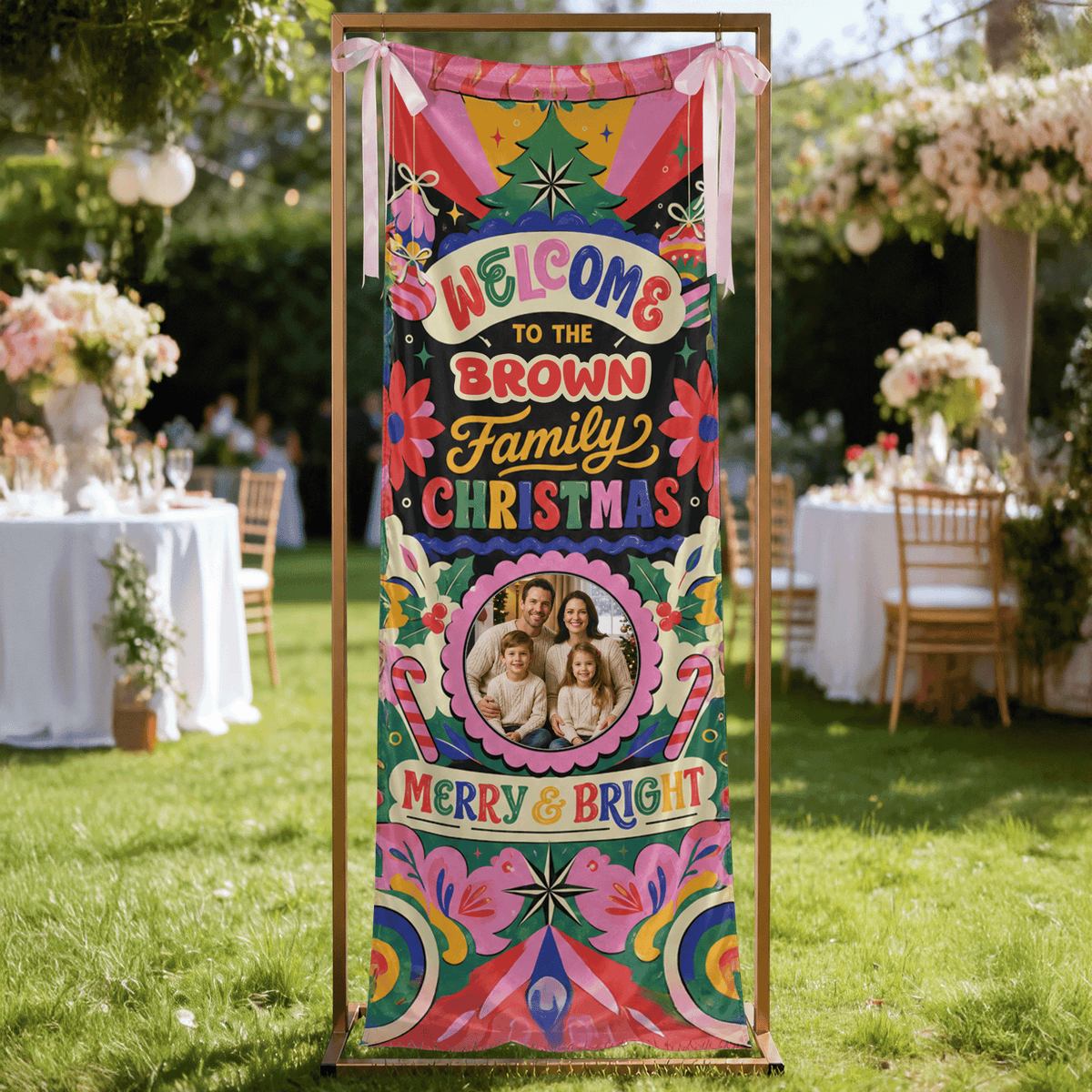 Custom Photo Retro Groovy Christmas Family Fabric Welcome Banner, Personalized Family Name Holiday Entrance Hanging Sign with Ribbon Ties, Vibrant Colorful Merry Bright Party Decor