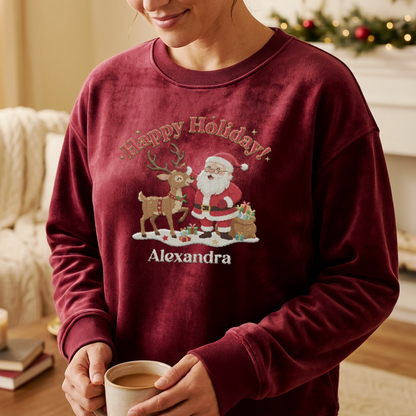 Personalized Santa & Reindeer Christmas Sweatshirt with Custom Name | Cozy Holiday Crewneck Gift