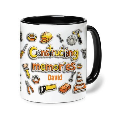 Personalized Dad Construction Mug – “Constructing Memories” Custom Name Coffee Mug
