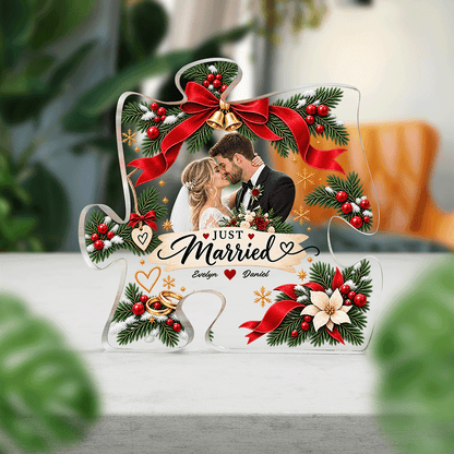 Personalized Just Married Christmas Custom Photo Acrylic Puzzle Plaque, Custom Couple Name Wreath Xmas Tabletop Keepsake, Newlywed Wedding Holiday Gift