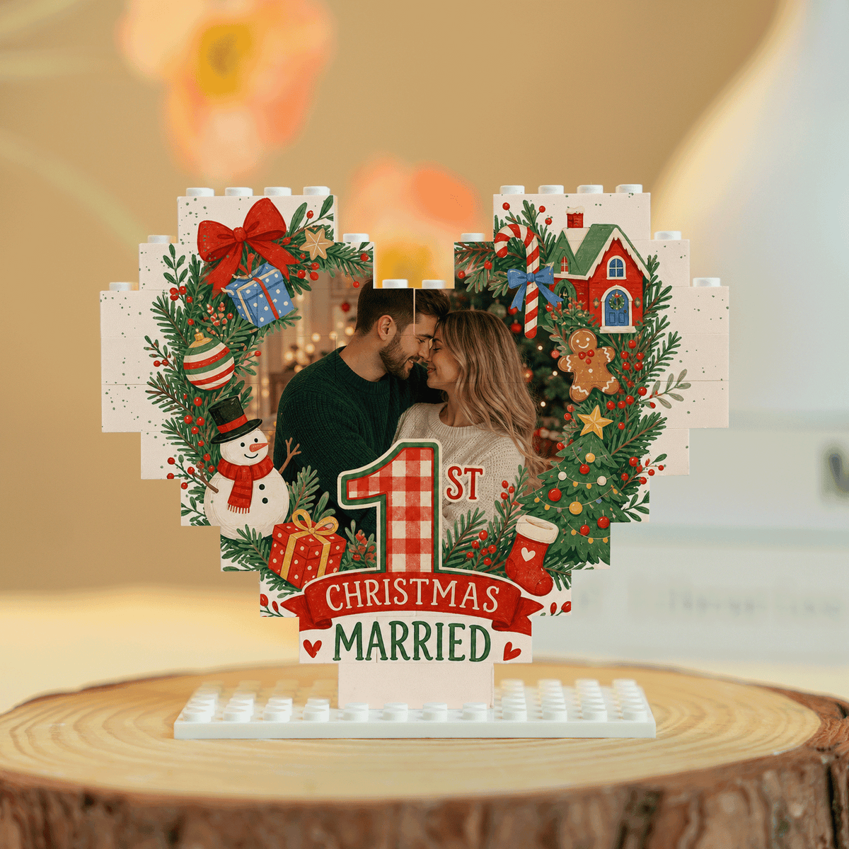 Personalized Photo Christmas Building Block Heart Shape in Cream White, Custom Couple First Christmas Married Photo Evergreen Wreath & Festive Icons Brick Puzzle Keepsake Decor, Holiday Gift for Newlyweds