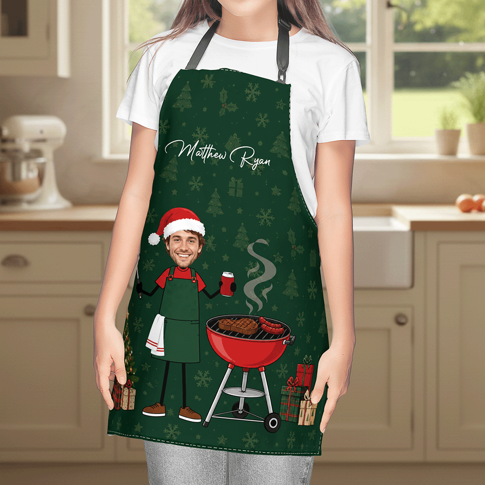 Personalized Christmas BBQ Apron with Photo & Name, Custom Grill Master Apron, Funny Holiday Gift for Dad, Husband & Grandpa