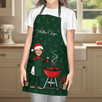 Personalized Christmas BBQ Apron with Photo & Name, Custom Grill Master Apron, Funny Holiday Gift for Dad, Husband & Grandpa