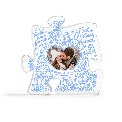 Personalized First Christmas Married Custom Photo Acrylic Puzzle Plaque, Custom Couple Name Date Blue Doodle Xmas Tabletop Keepsake, Newlywed Holiday Gift