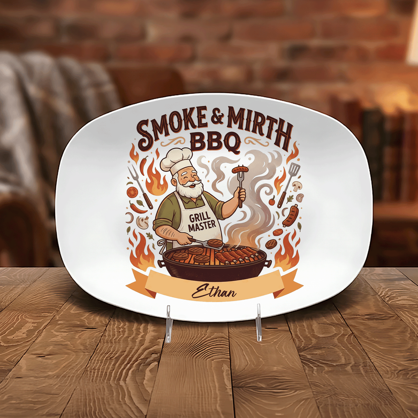 Personalized Smoke & Mirth BBQ Decorative Plate – Custom Name BBQ Keepsake for Grandpa