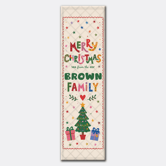 Full length retro runner design with multicolor star Merry Christmas lettering, potted tree and pink and blue gifts
