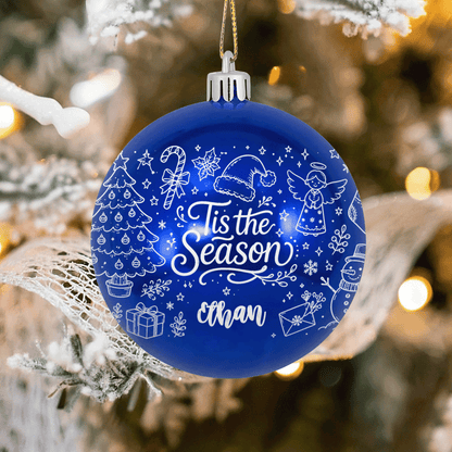 Personalized Name 'Tis The Season White Christmas Ball Ornament, Custom Shatterproof Plastic Holiday Bauble