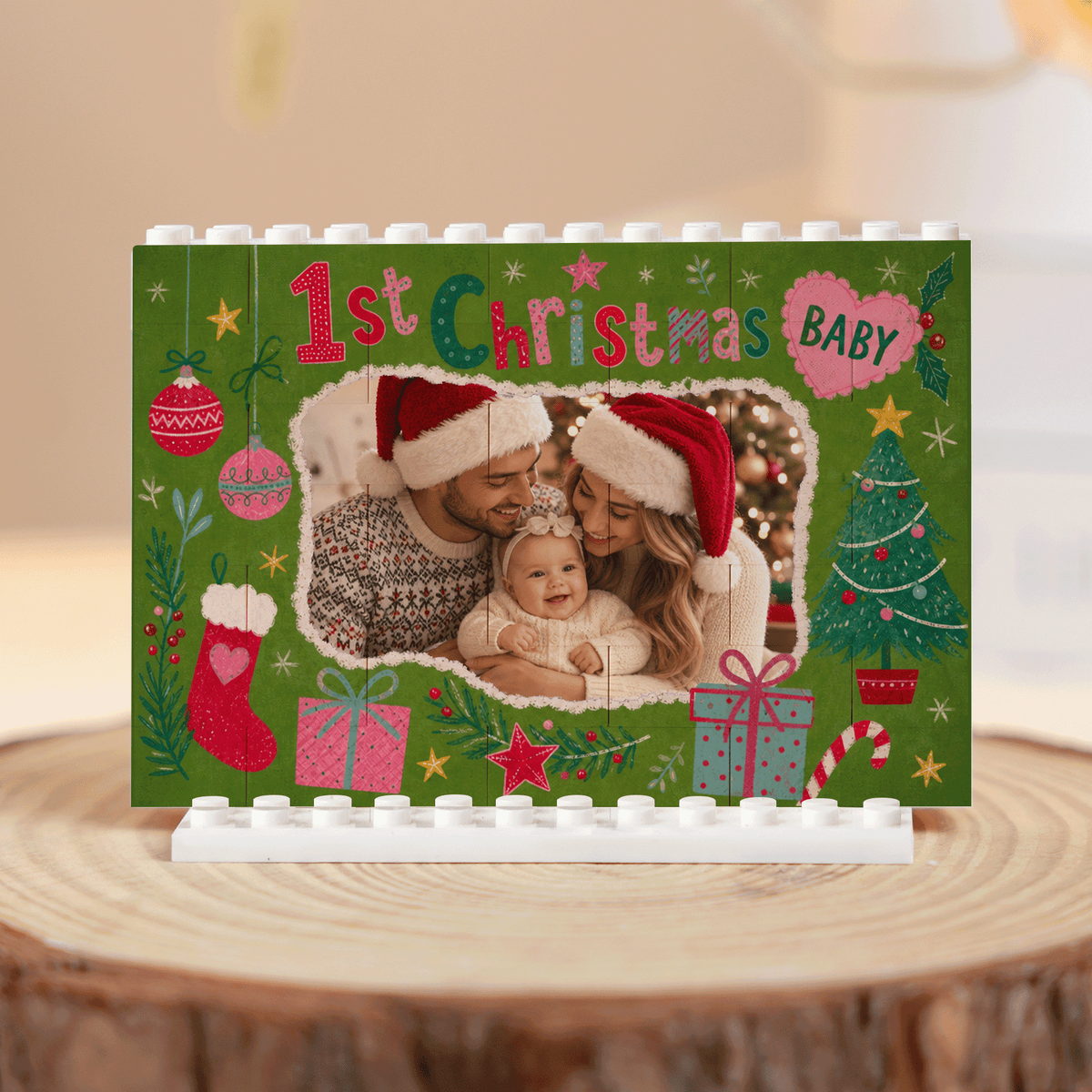 Personalized Photo Christmas Building Block in Forest Green, Custom Baby Picture "Baby's 1st Christmas" Brick Puzzle Keepsake Decor, Festive Holiday Desk Gift