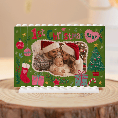 Personalized Photo Christmas Building Block in Forest Green, Custom Baby Picture "Baby's 1st Christmas" Brick Puzzle Keepsake Decor, Festive Holiday Desk Gift