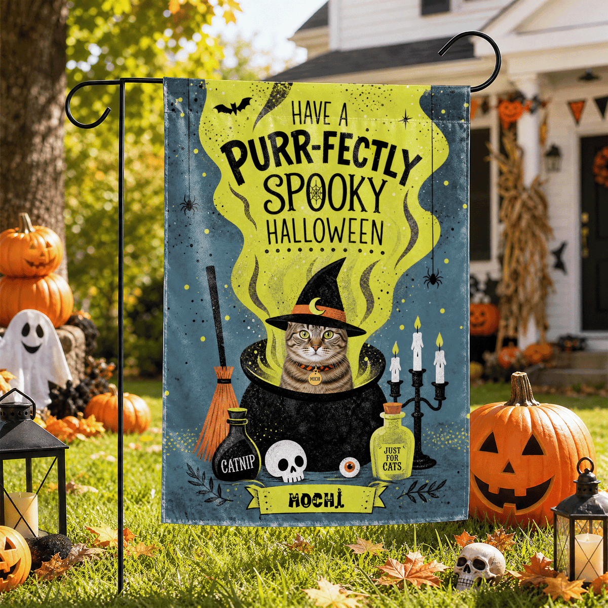 Personalized Have A Paw-fectly Spooky Halloween Custom Pet Witch Cauldron Double Sided Outdoor Garden Flag Custom Pet Name Yard Banner