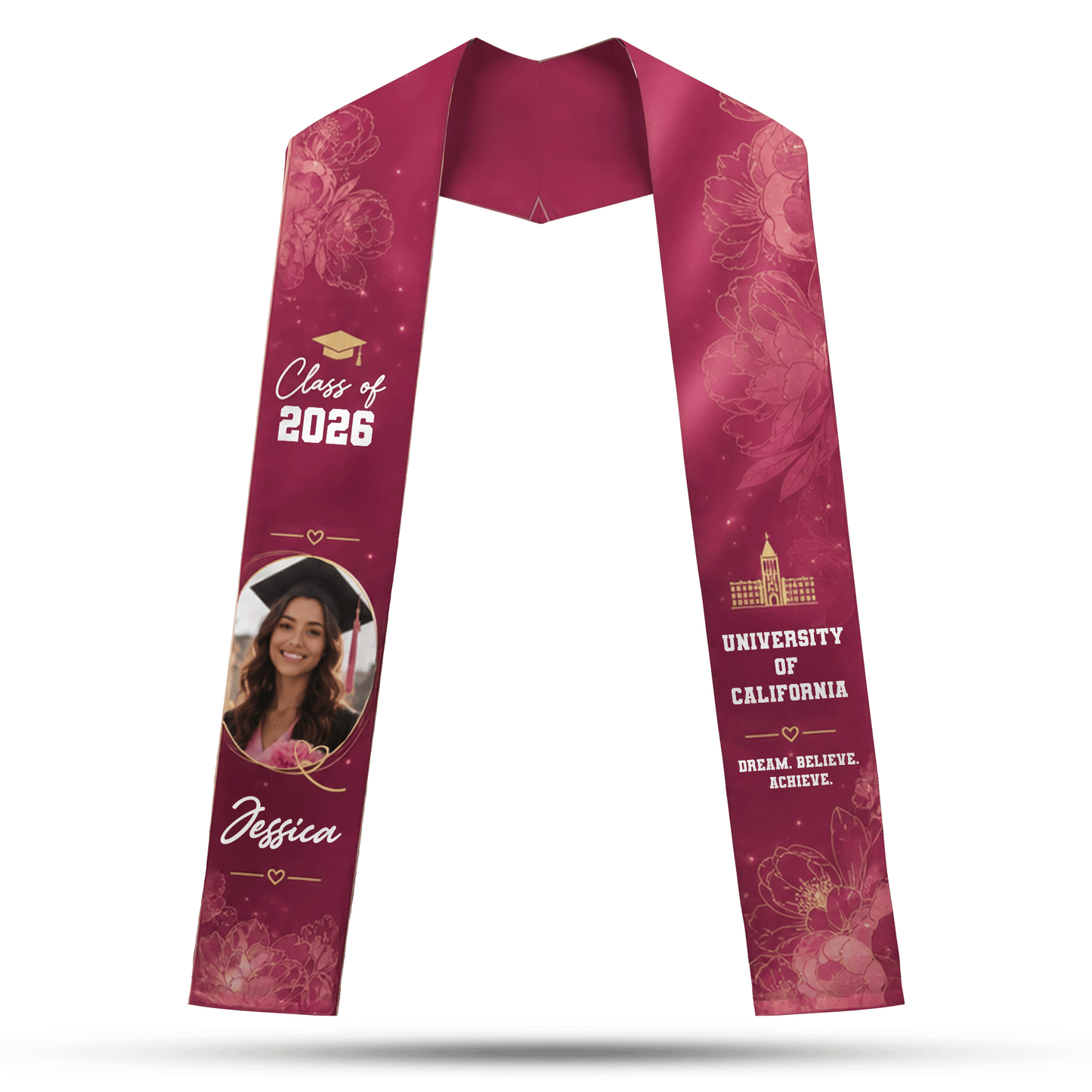 Personalized Floral Graduation Stole – Custom Photo, Name and Year