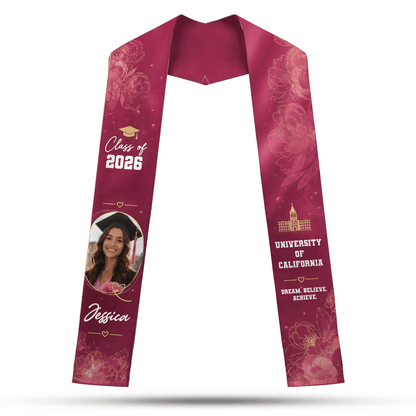 Personalized Floral Graduation Stole – Custom Photo, Name and Year