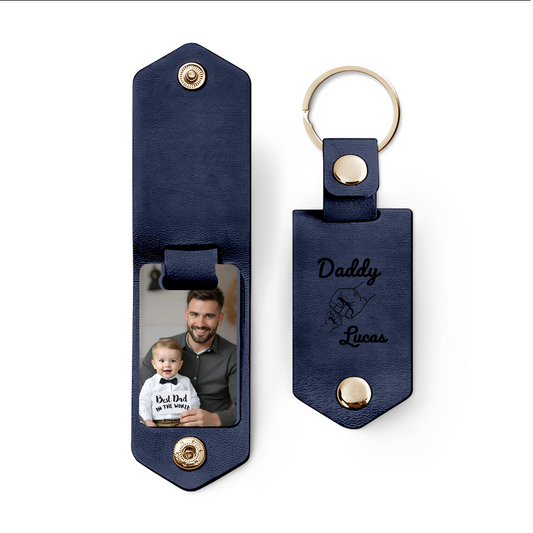 Personalized Leather Photo Keychain with Engraved Tag – Custom Memory Gift for Dad – Father’s Day Keepsake Keychain