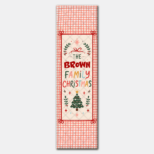 Full length red windowpane grid runner design with coquette bows, multicolor Family Christmas lettering and tree