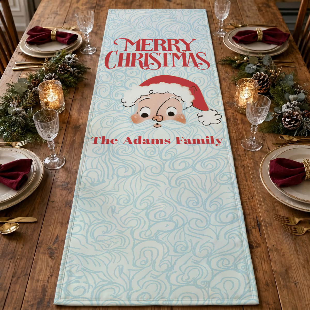 Personalized Family Name Long Beard Santa Christmas Quilt Table Runner in Light Ice Blue & Red, Custom Whimsical Santa Quilted Table Runner Decor, Retro Holiday Dining Room Table Topper