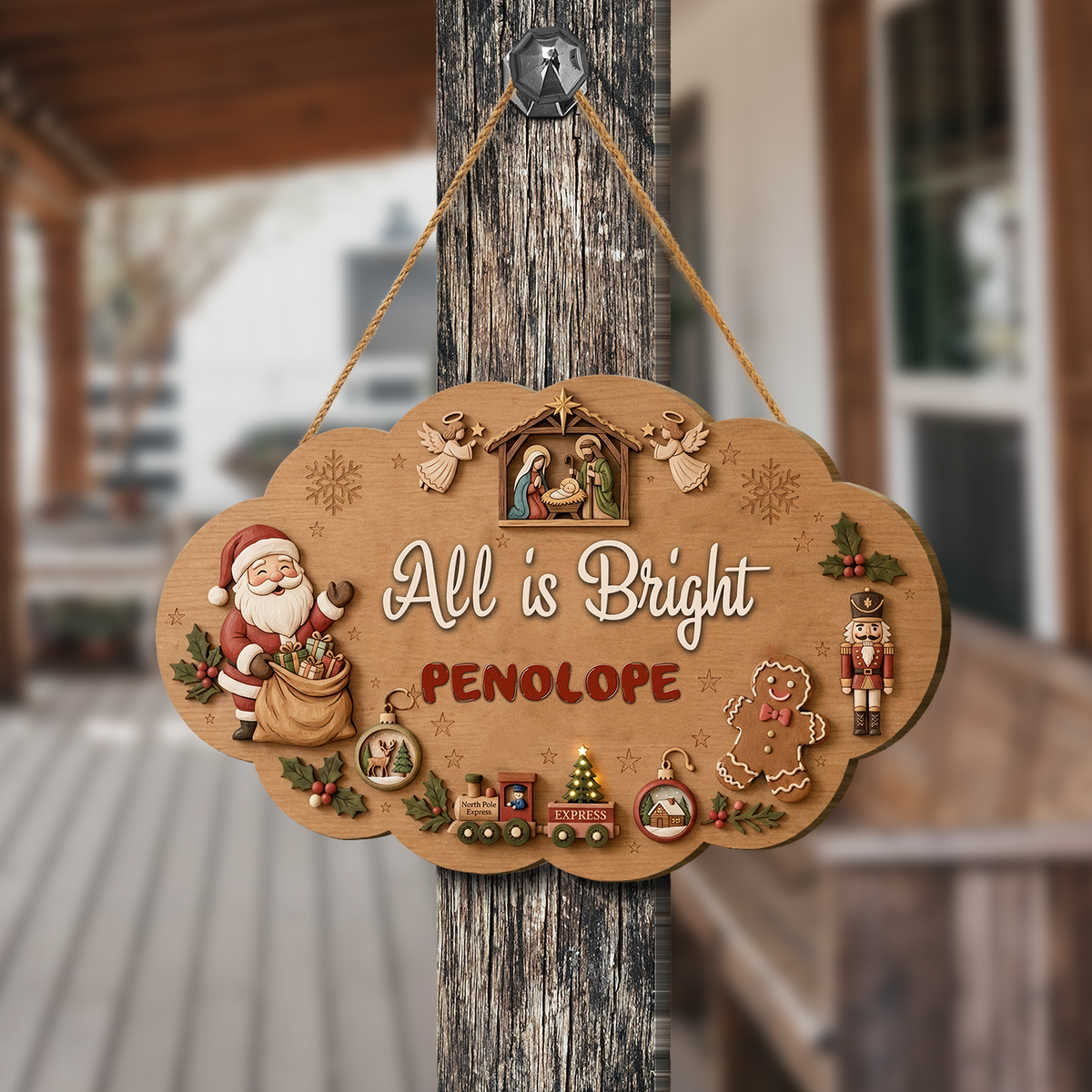 Personalized Nativity & Santa All Is Bright Custom Shape Wood Sign, Custom Family Name Nutcracker Gingerbread Wooden Hanging Plaque, Festive Christmas Door & Wall Decor Family Gift