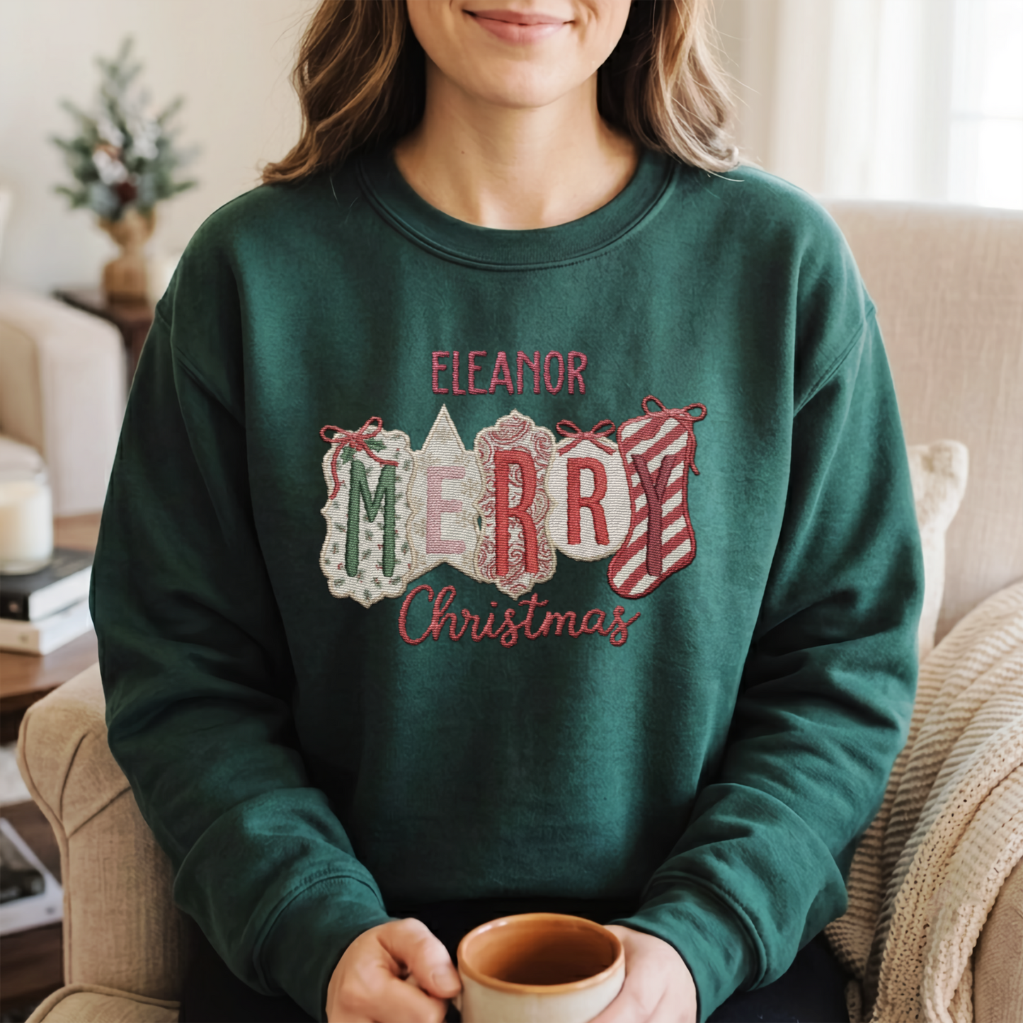 Personalized Merry Christmas Patchwork Sweatshirt with Custom Name | Vintage Holiday Crewneck Gift