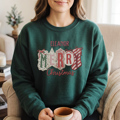 Personalized Merry Christmas Patchwork Sweatshirt with Custom Name | Vintage Holiday Crewneck Gift