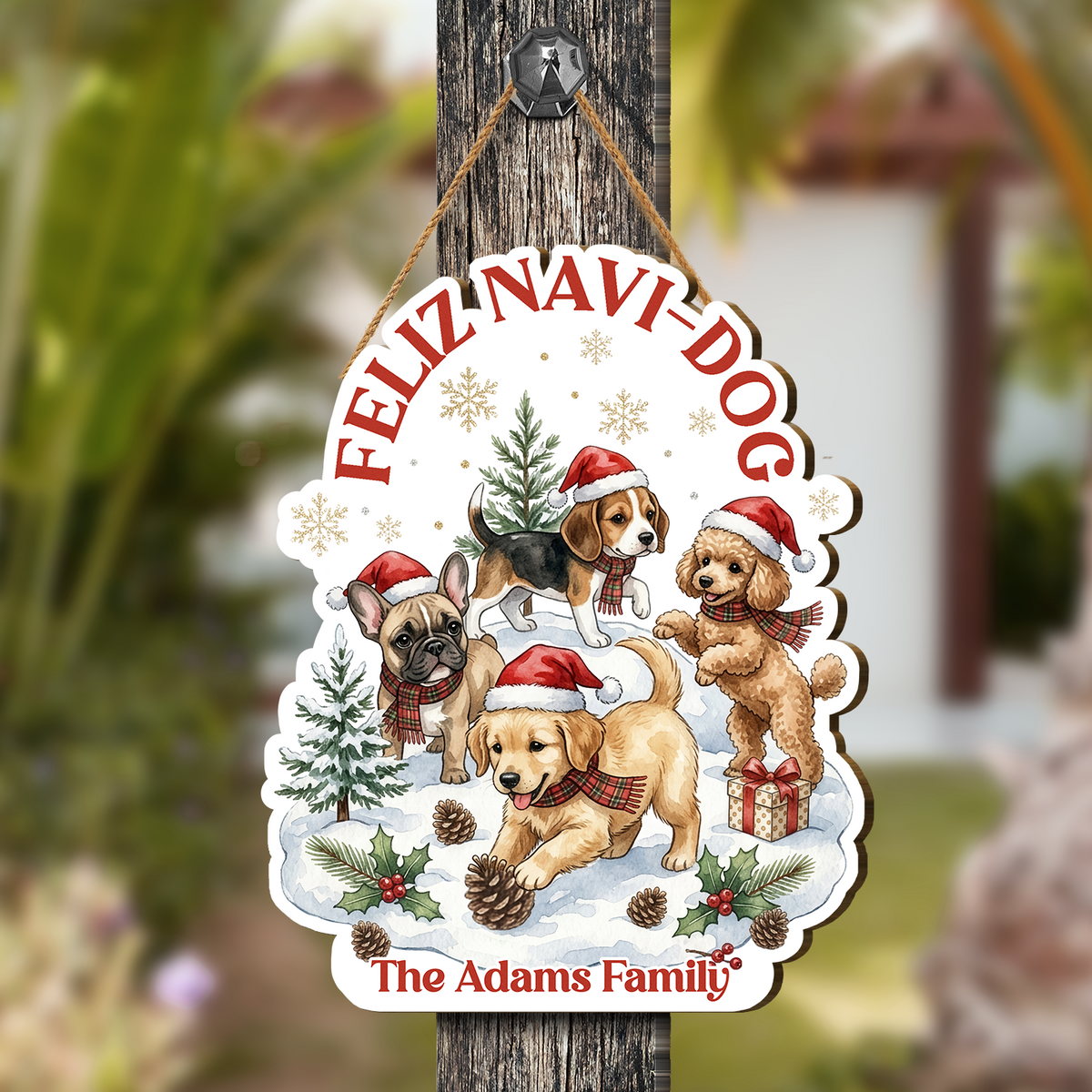 Personalized Feliz Navi-Dog Custom Shape Wood Sign, Custom Family Name Christmas Dogs Wooden Hanging Plaque, Festive Holiday Door & Wall Decor Pet Lovers Family Gift