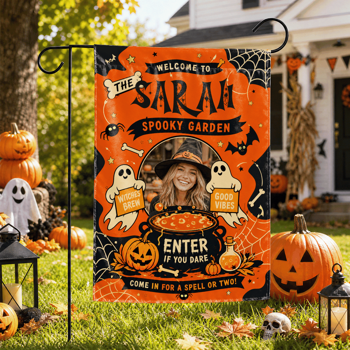 Personalized Spooky Garden Custom Photo Witch Cauldron Ghost Double Sided Outdoor Garden Flag Custom Name Yard Banner