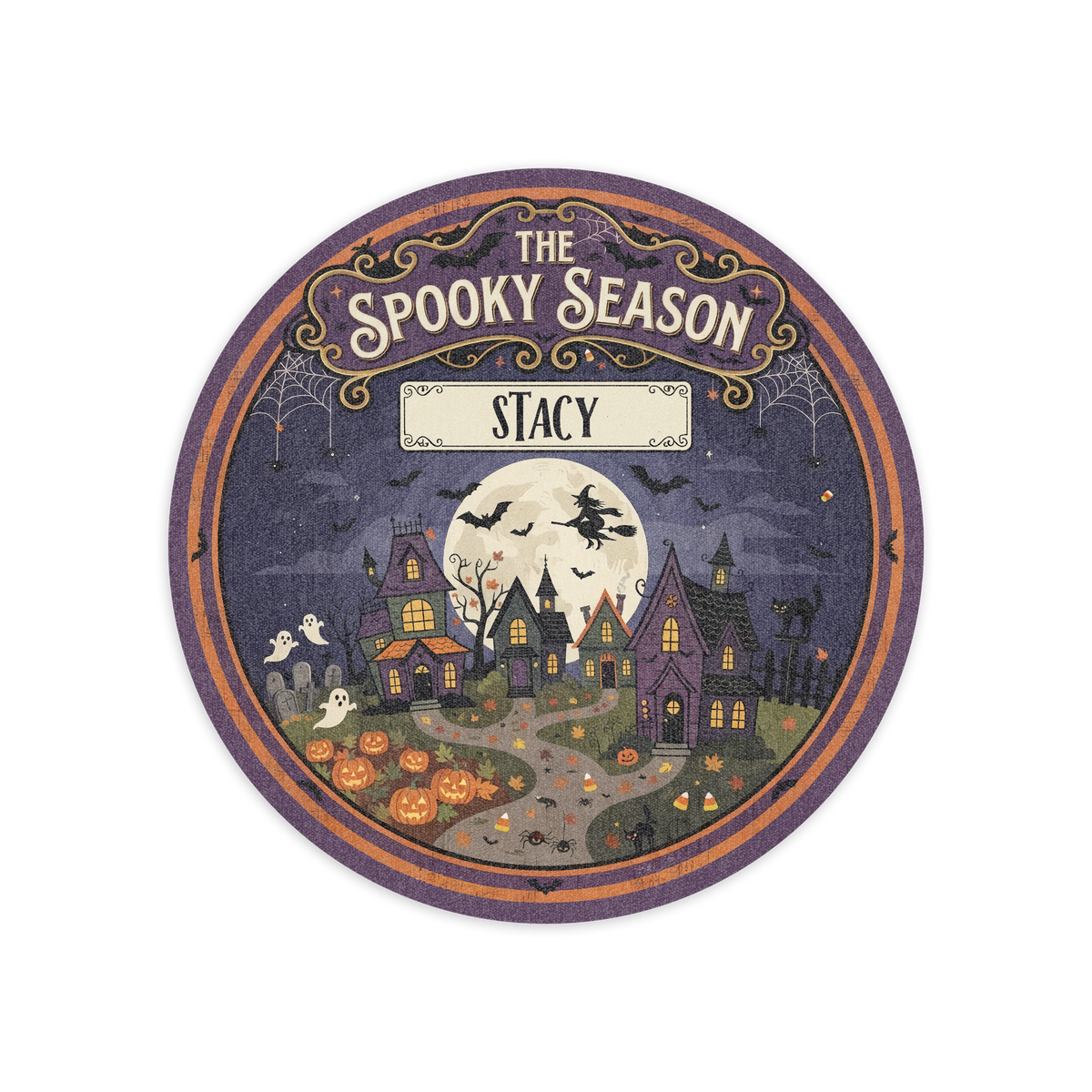 Personalized The Spooky Season Haunted Village Round Rug, Custom Name Witch Flying Full Moon Circle Rug, Halloween Ghosts Pumpkin Plush Decor Carpet