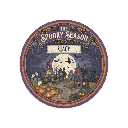 Personalized The Spooky Season Haunted Village Round Rug, Custom Name Witch Flying Full Moon Circle Rug, Halloween Ghosts Pumpkin Plush Decor Carpet