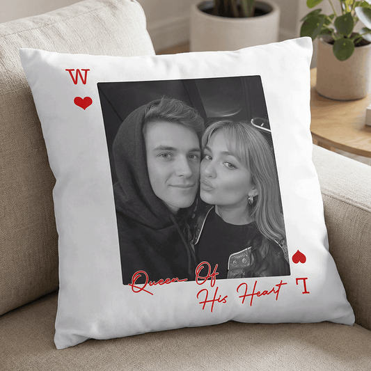 Queen playing card pillowcase with black and white custom couple photo and Queen Of His Heart in red script