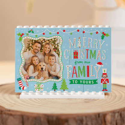Personalized Photo Christmas Building Block in Sky Blue, Custom Family Picture "Merry Christmas From Our Family To Yours" Brick Puzzle Keepsake Decor, Festive Holiday Desk Gift