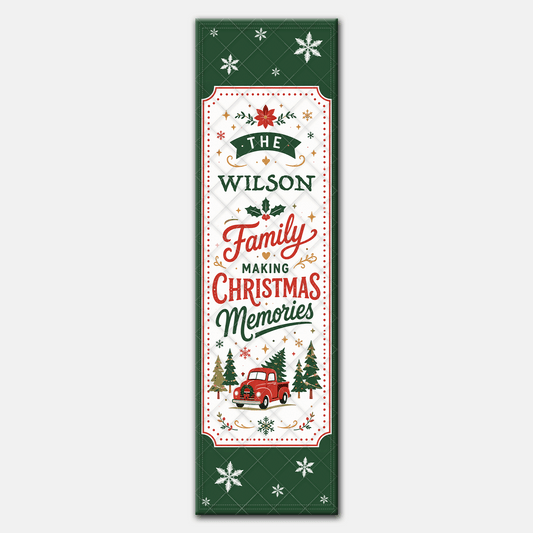 Full length red truck runner design with green snowflake border, family name and Making Christmas Memories lettering