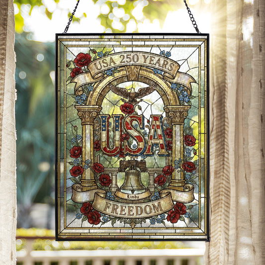 Personalized USA 250 Years Stained Glass Suncatcher Freedom Bell Patriotic Window Decor