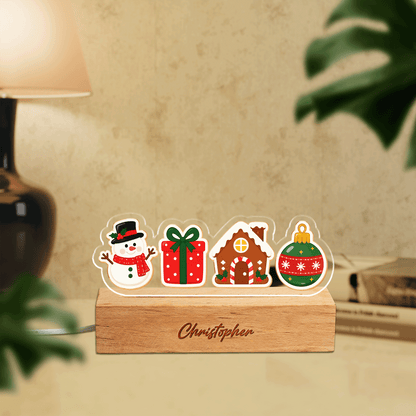 Custom Christmas icons acrylic night light with name engraved on wood base