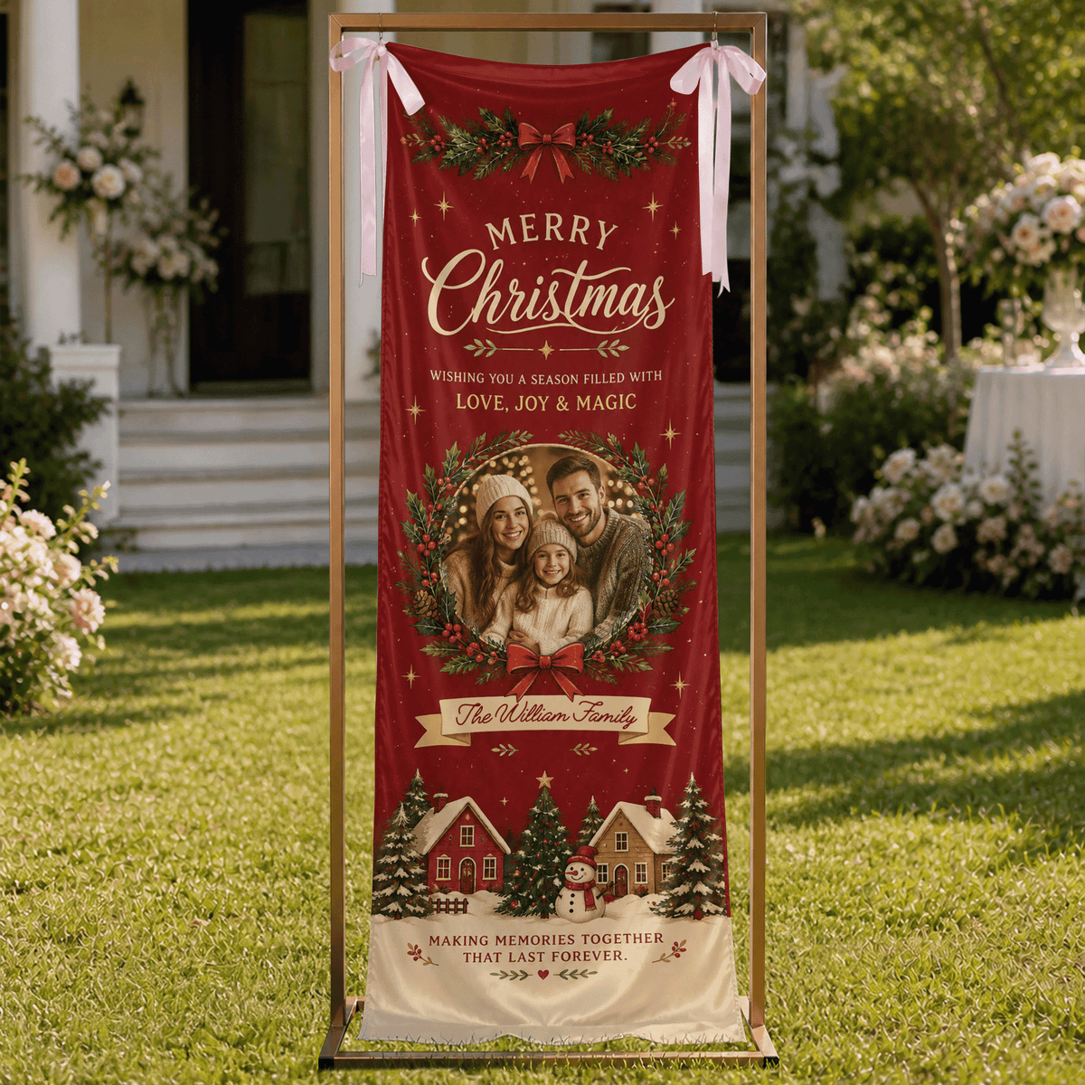 Custom Photo Christmas Family Fabric Welcome Banner, Personalized Family Name Holiday Entrance Hanging Sign with Ribbon Ties, Red Winter Village Party Decor