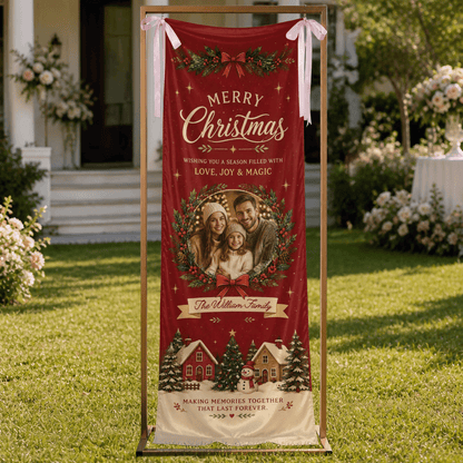 Custom Photo Christmas Family Fabric Welcome Banner, Personalized Family Name Holiday Entrance Hanging Sign with Ribbon Ties, Red Winter Village Party Decor