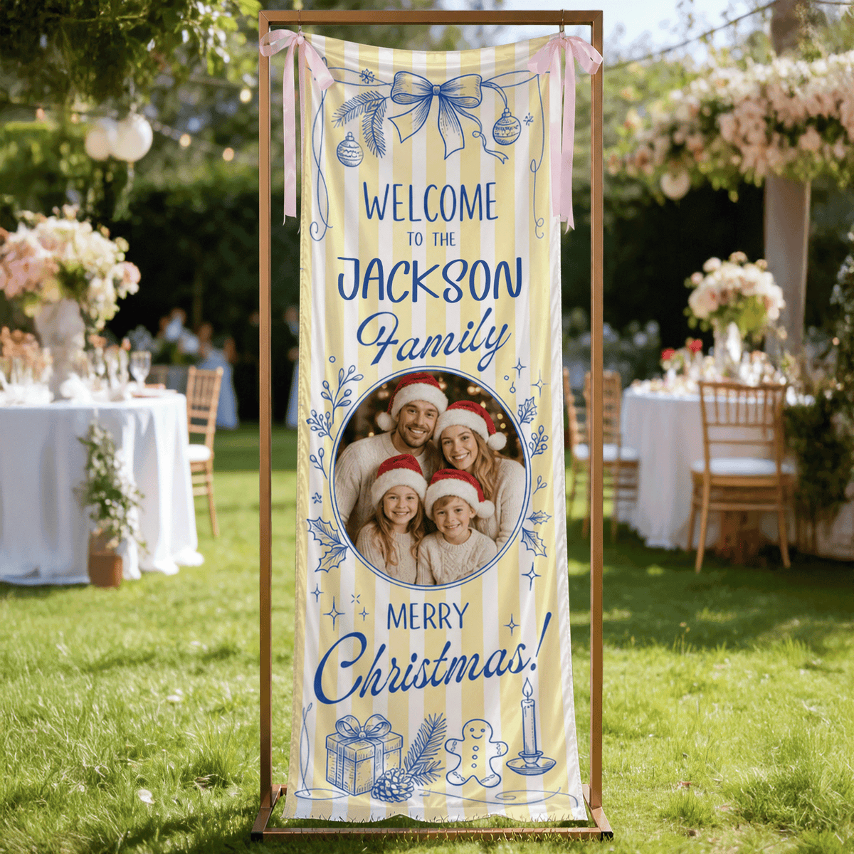 Custom Photo Yellow Stripe Christmas Family Fabric Welcome Banner, Personalized Family Name Entrance Hanging Sign with Ribbon Ties, Blue Line Toile Xmas Party Decor