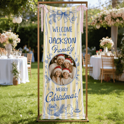 Custom Photo Yellow Stripe Christmas Family Fabric Welcome Banner, Personalized Family Name Entrance Hanging Sign with Ribbon Ties, Blue Line Toile Xmas Party Decor