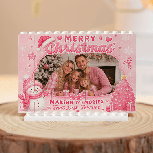 Personalized Photo Christmas Building Block in Pastel Pink & White, Custom Family Picture Xmas Brick Puzzle Keepsake Decor, Festive Pink Holiday Desk Gift
