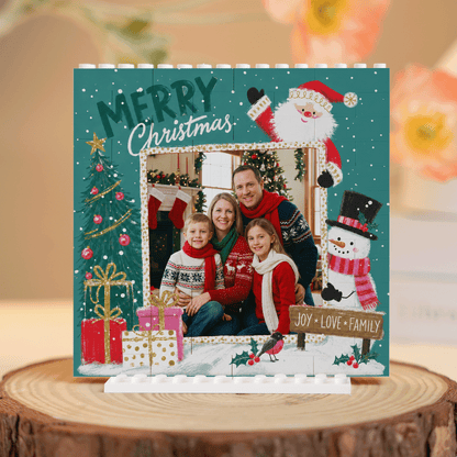 Personalized Photo Christmas Building Block in Deep Teal, Custom Family Picture Santa & Snowman "Joy Love Family" Brick Puzzle Keepsake Decor, Festive Holiday Desk Gift