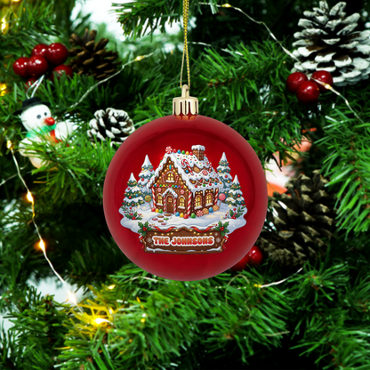 Personalized Family Name Gingerbread House Red Christmas Ball Ornament, Custom Full Color Shatterproof Plastic Bauble