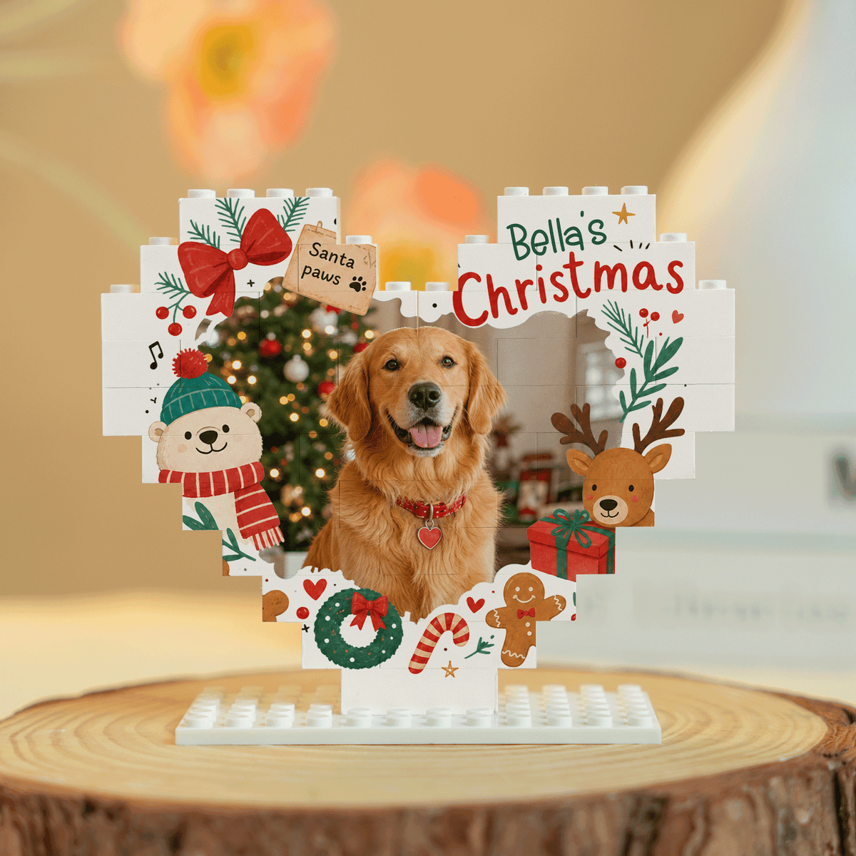 Personalized Photo Christmas Building Block Heart Shape in Cream White, Custom Dog Photo Reindeer & Bear Brick Puzzle Keepsake Decor, Holiday Gift for Pet Lovers