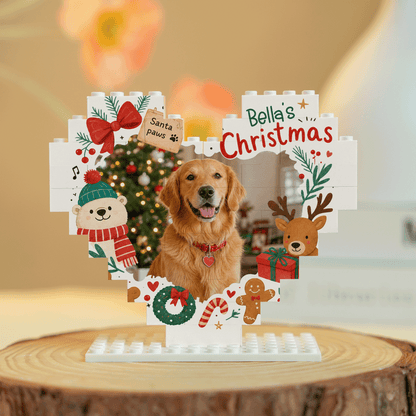 Personalized Photo Christmas Building Block Heart Shape in Cream White, Custom Dog Photo Reindeer & Bear Brick Puzzle Keepsake Decor, Holiday Gift for Pet Lovers