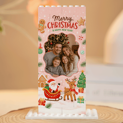 Personalized Photo Christmas Building Block in Pastel Pink, Custom Family Picture Santa Sleigh & Reindeer Brick Puzzle Keepsake Decor, Festive Holiday Desk Gift