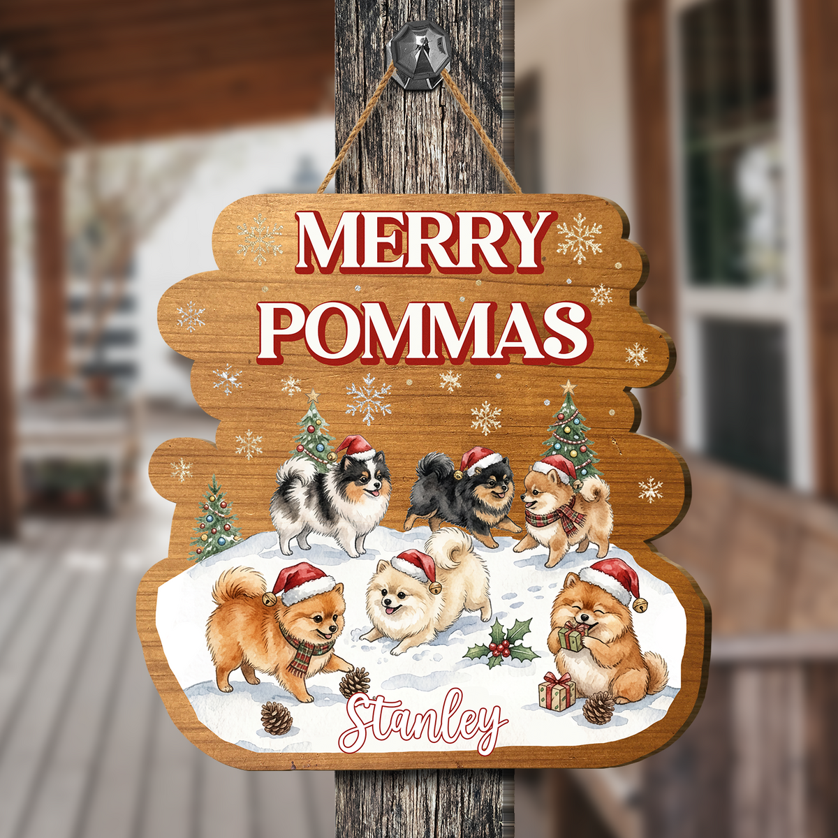 Personalized Merry Pommas Custom Shape Wood Sign, Custom Family Name Pomeranian Dogs Wooden Hanging Plaque, Festive Christmas Door & Wall Decor Pet Lovers Family Gift